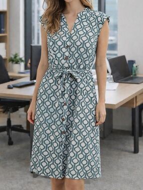 Monteau White Midi Dress with Green Geometric Print Spring Summer Dress